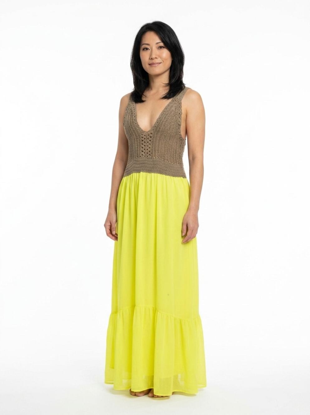 Zara Yellow Brown Crochet Knit Bodice Sleeveless Maxi Dress Women Size M